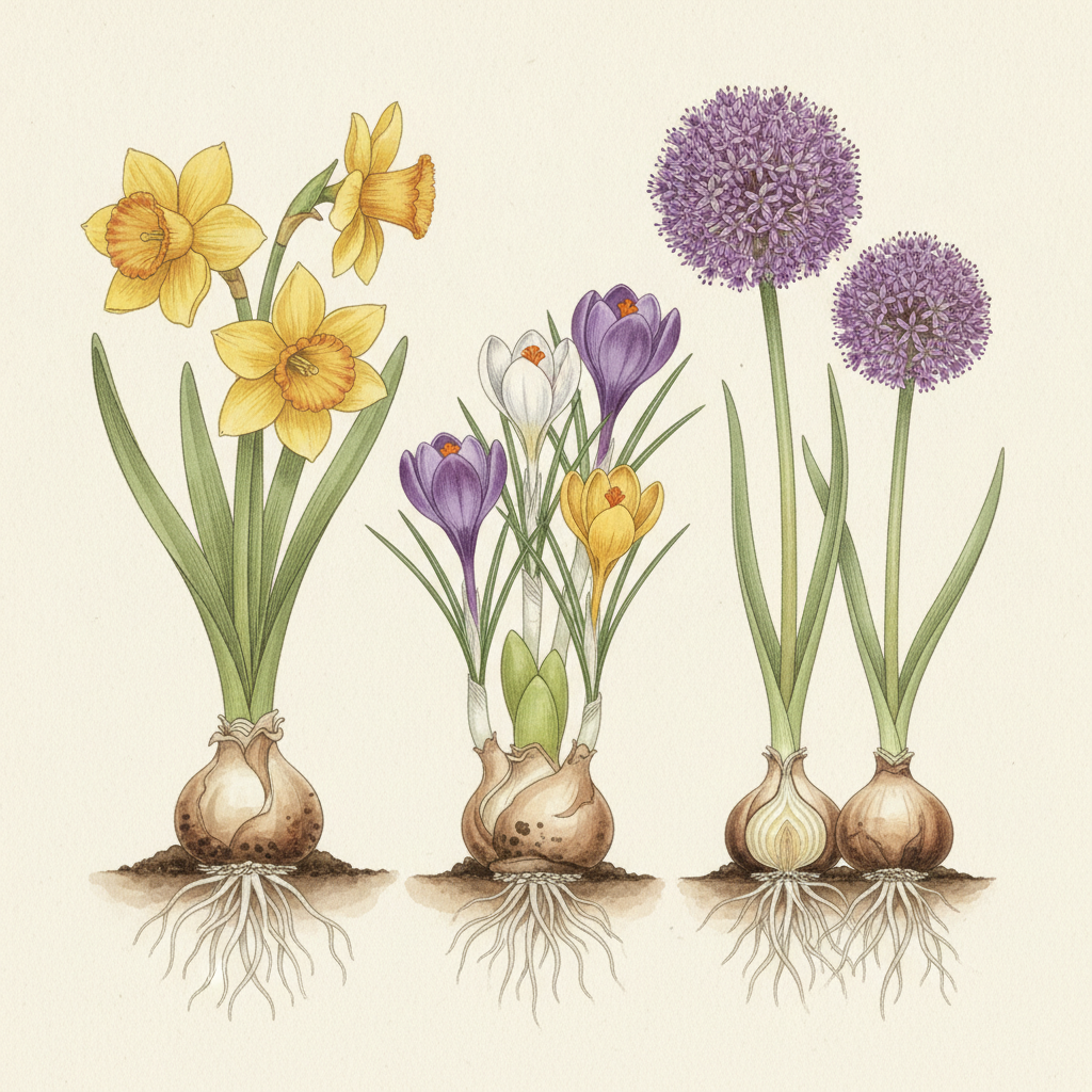 Botanical illustration of spring-flowering bulbs including daffodil, crocus and allium
