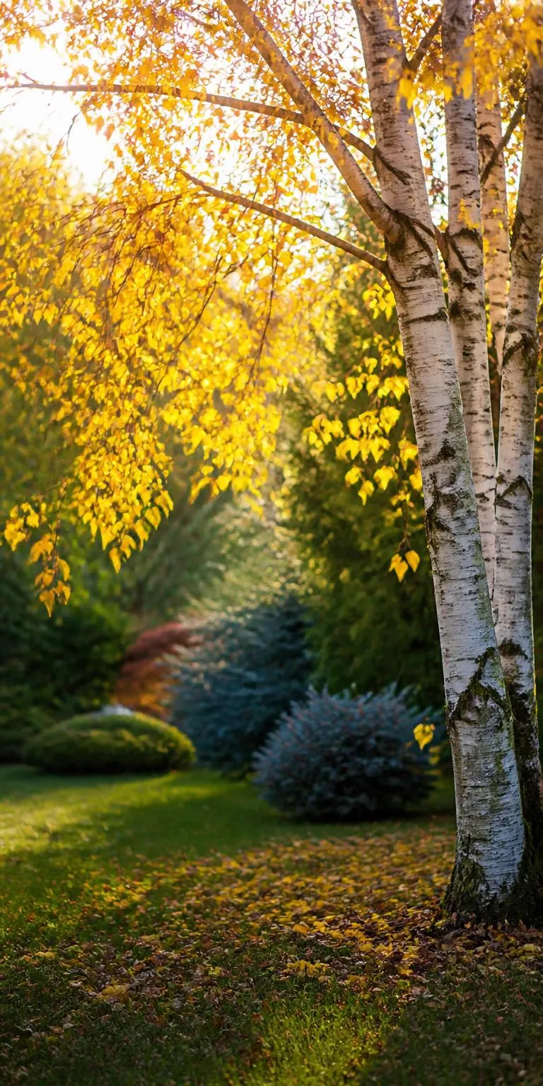 Autumn sunlight through birch trees over a garden